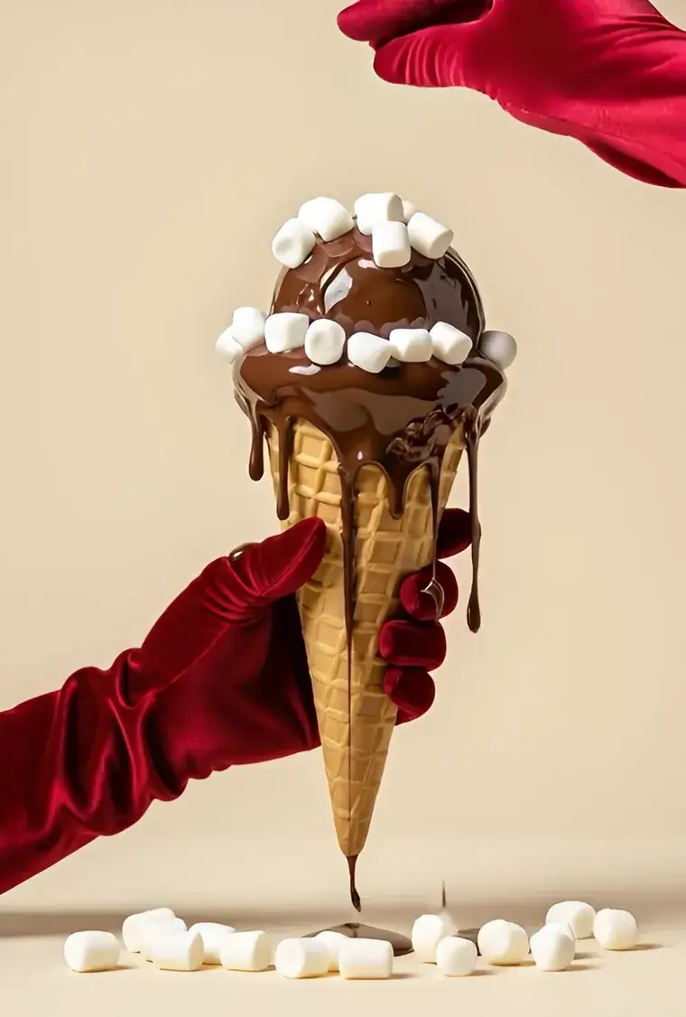 Chocolate cone with marshmallows held by red velvet gloves, from a product film