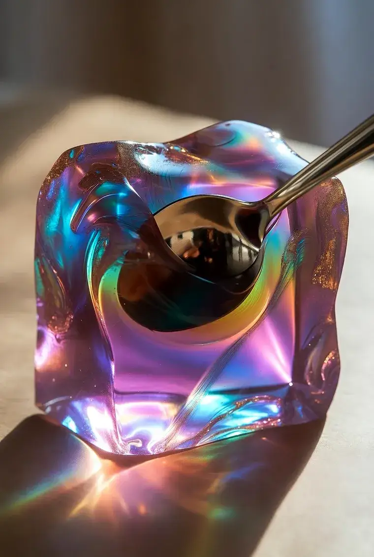 Iridescent jelly cube with a spoon pressing into it, from ASMR product content